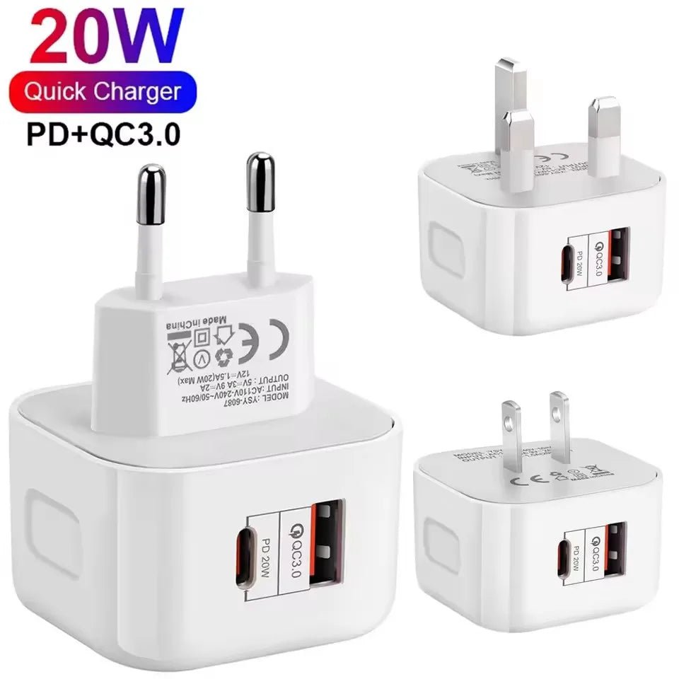20W Dual Port USB-C PD Fast Wall Charger – EU/US/UK Plug Wall Charger Adapter P3