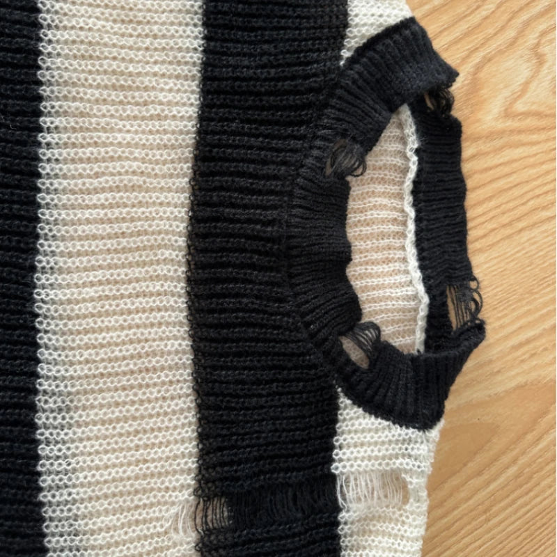 PTKPCC Women's Loose Striped Knit Pullover Sweater | Black Pink Knit Pullover Sweater P3