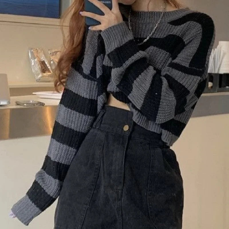 PTKPCC Korean Striped Cropped Knit Sweater – Women's Oversized Cropped Knit Sweater P3