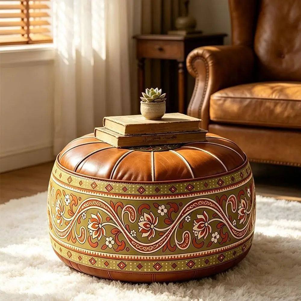Moroccan PU Leather Fillable Storage Ottoman Pouf | Round Floor Seat Storage Ottoman Pouf P3