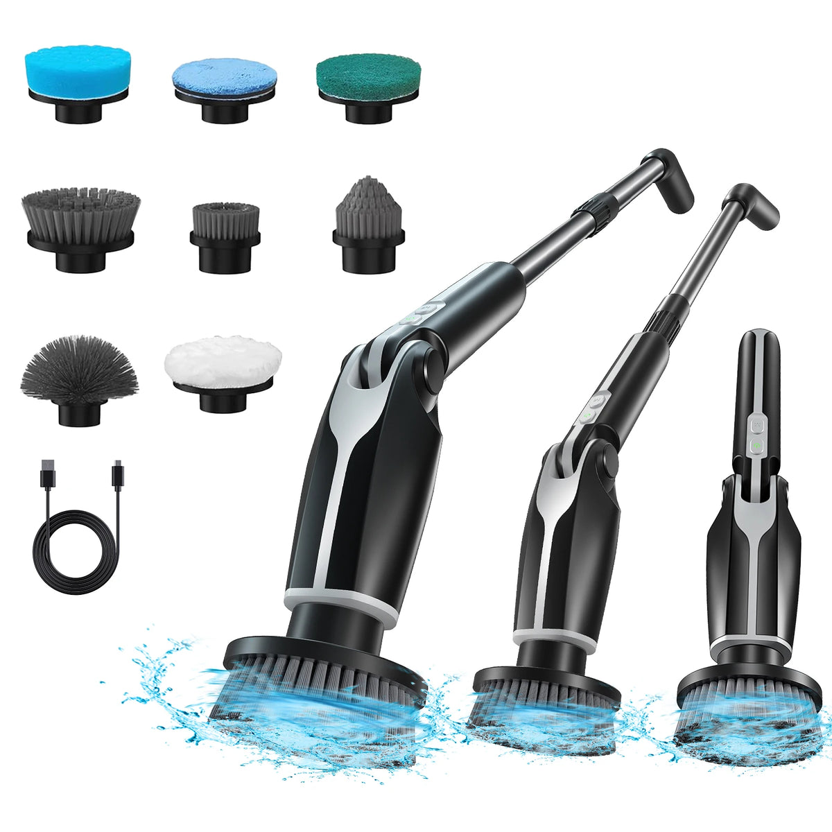 DUTRIEUX Electric Spin Scrubber – Long Handle, 8 Brush Heads Electric Spin Scrubber P3 Black White
