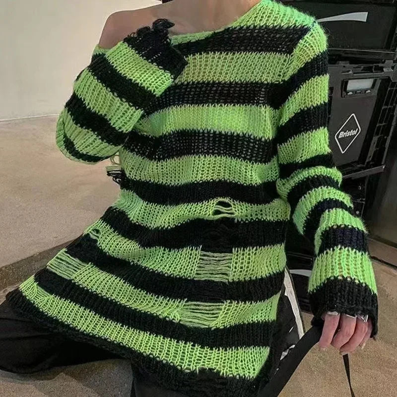 Women's Oversized Striped Hollow-Out Punk Knit Pullover Sweater Knit Pullover Sweater P3