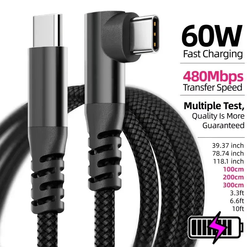 USB-C Braided Cable 1M/2M/3M – 60W PD Fast Charging & Data Sync USB-C Charging Cable P3