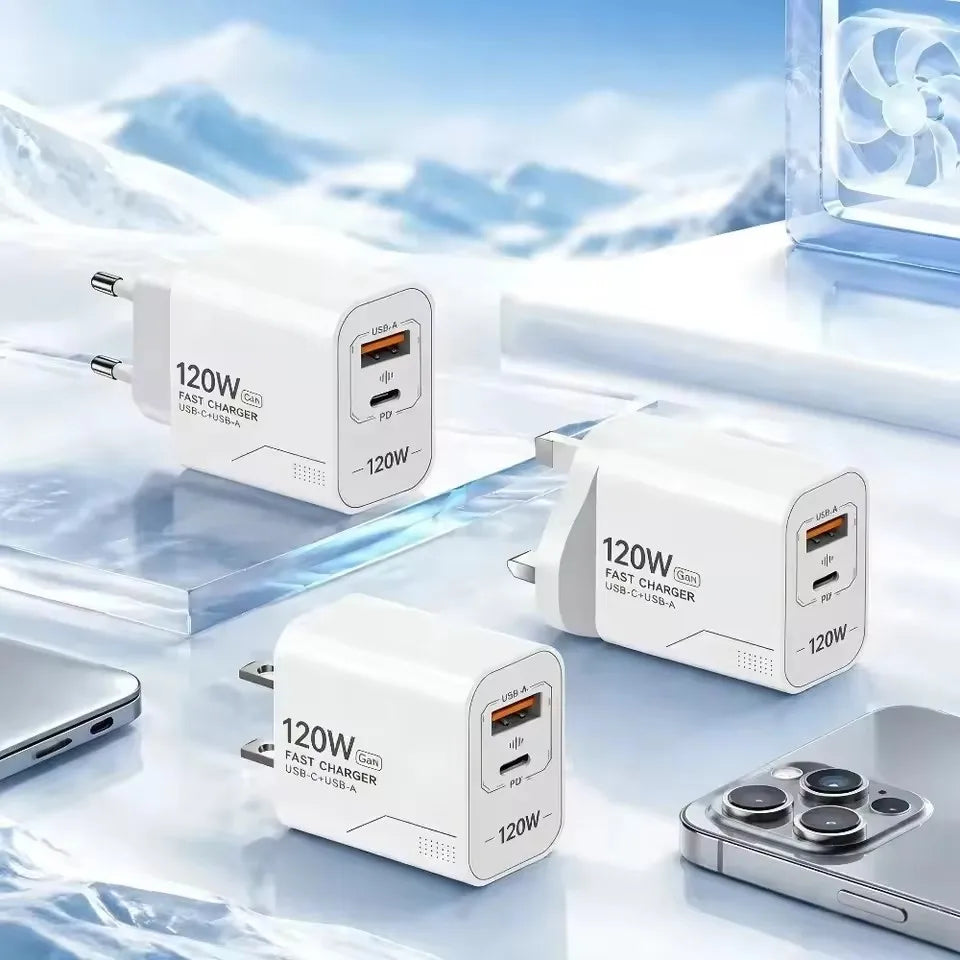 120W GaN 2-Port USB-C Fast Charging Wall Charger US/EU Plug GaN Wall Charger P3