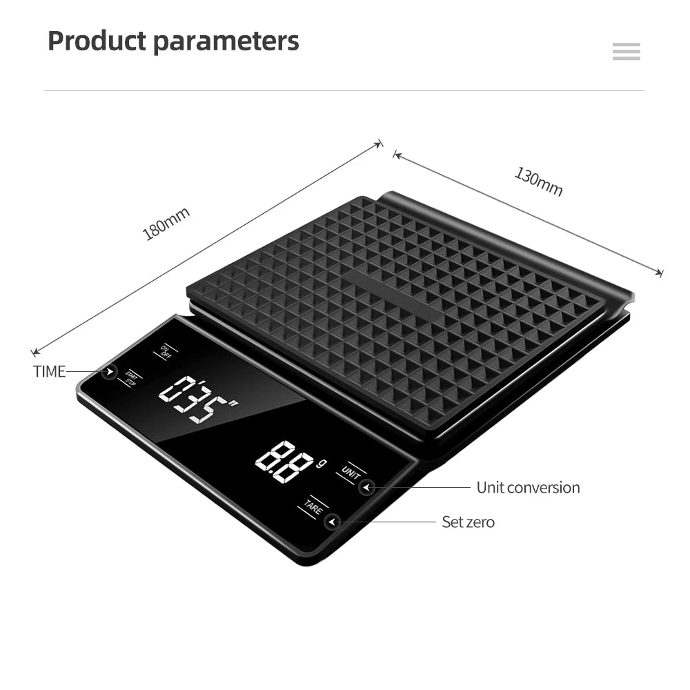 Smart Coffee Scale with Timer – 3kg/0.1g High Precision LCD Digital Kitchen Scale P3 black 3Kg