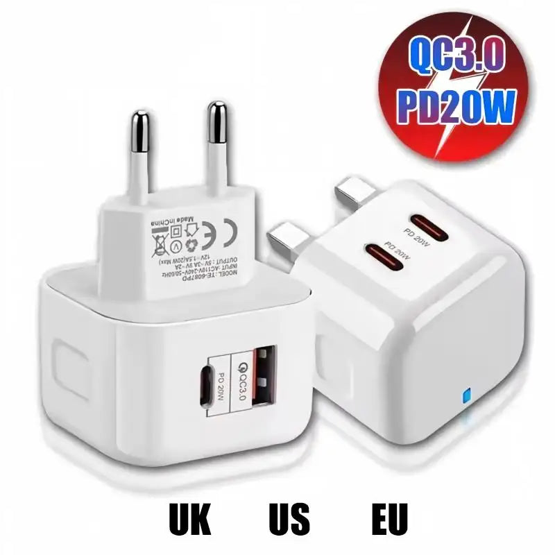 20W Dual Port USB-C PD Fast Wall Charger | EU US UK Plug USB Wall Charger P3