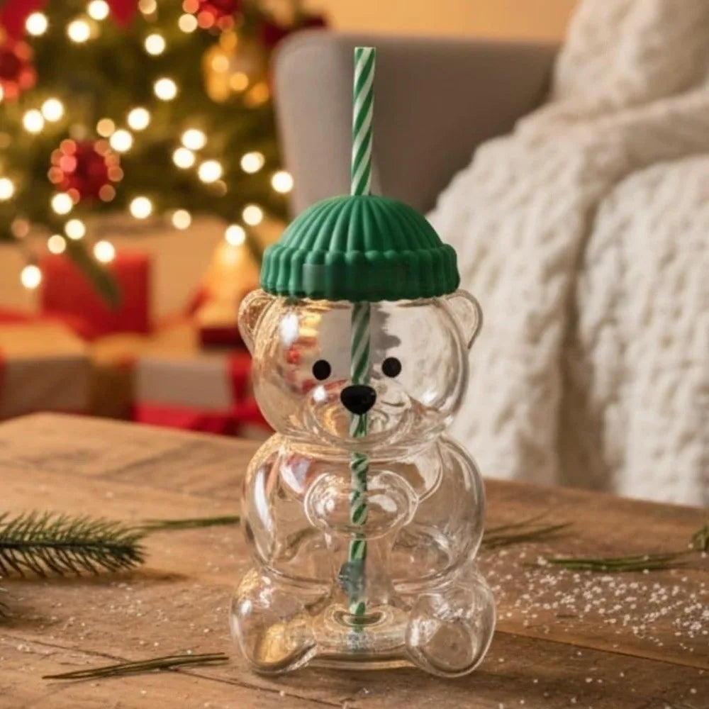 Teddy Bear Glass Cup with Lid & Straw – Large Capacity Glass Tumbler P3