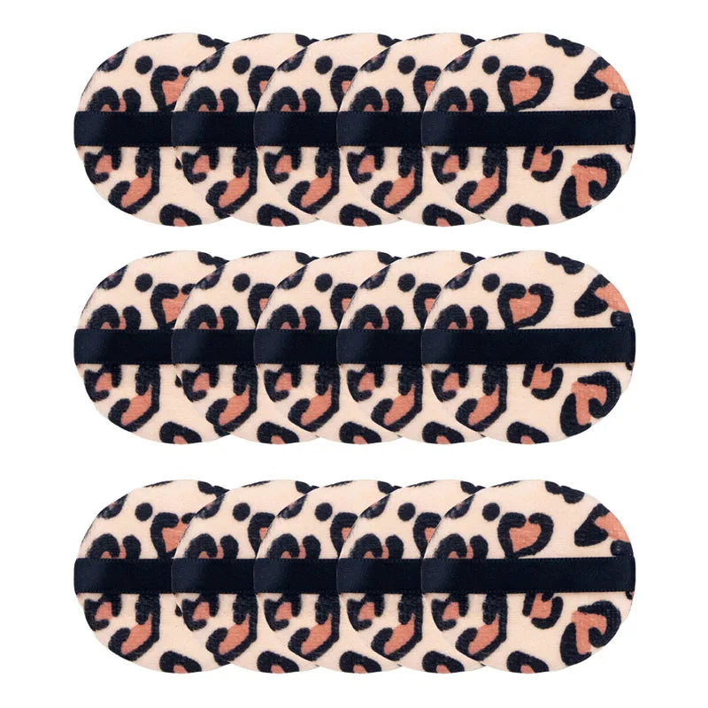Leopard Print Velvet Powder Puff Set | 3 Shapes, Ribbon Strap Makeup Powder Puff P3 Round-15pcs