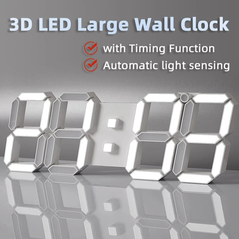 3D LED Digital Wall Clock with Alarm – USB Powered | White LED Wall Clock P3