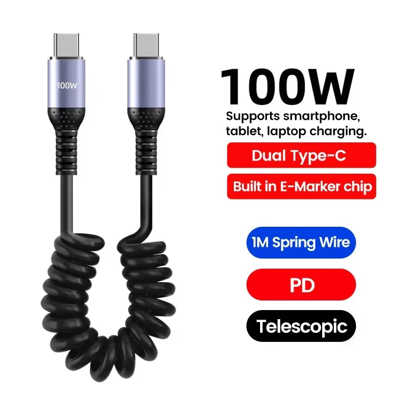 66W Spring Coil USB-C Fast Charging Cable | 20cm–1m Retractable USB Charging Cable P3 100W C to C