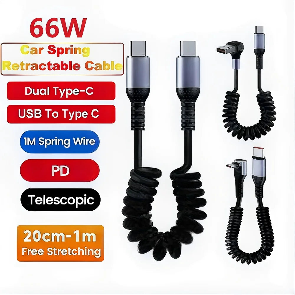 66W Spring Coil USB-C Fast Charging Cable | 20cm–1m Retractable USB Charging Cable P3