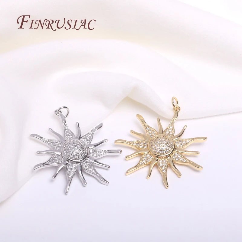 18K Gold Plated Brass Sunflower Charm with Zircon – 33mm DIY Jewelry Pendant Charm P3