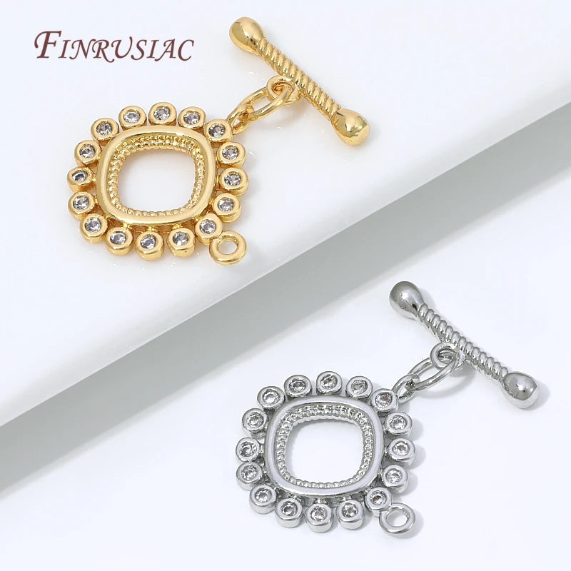 18K Gold Plated OT Toggle Clasp with Zircon Square Charm Jewelry Clasp Finding P3