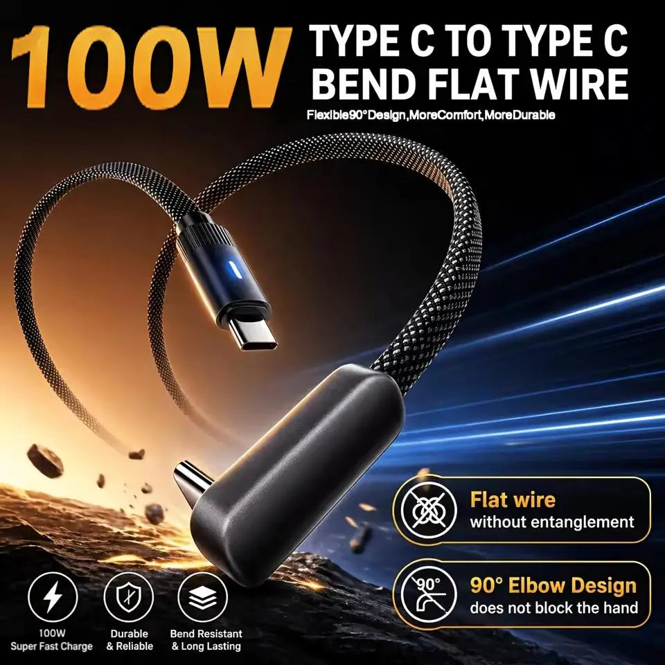 100W USB-C 90° Flat Fast Charging Cable – iPhone & Android USB-C Charging Cable P3