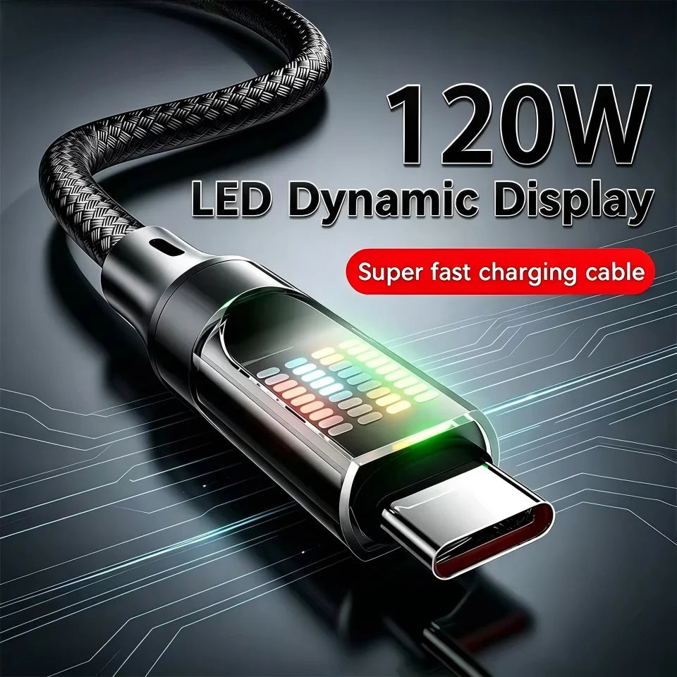 120W USB-C Fast Charging Cable 6A LED Display – Nylon Braided USB-C Charging Cable P3