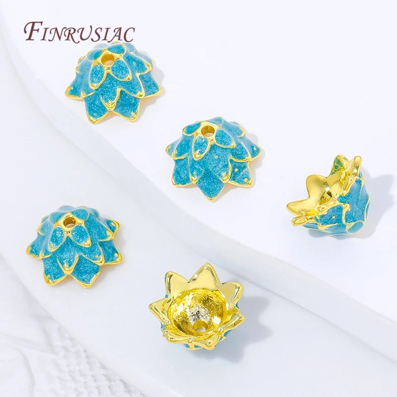 18K Gold Plated Blue Enamel Lotus Bead Caps | Brass Flower Spacer Jewelry Bead Caps P3