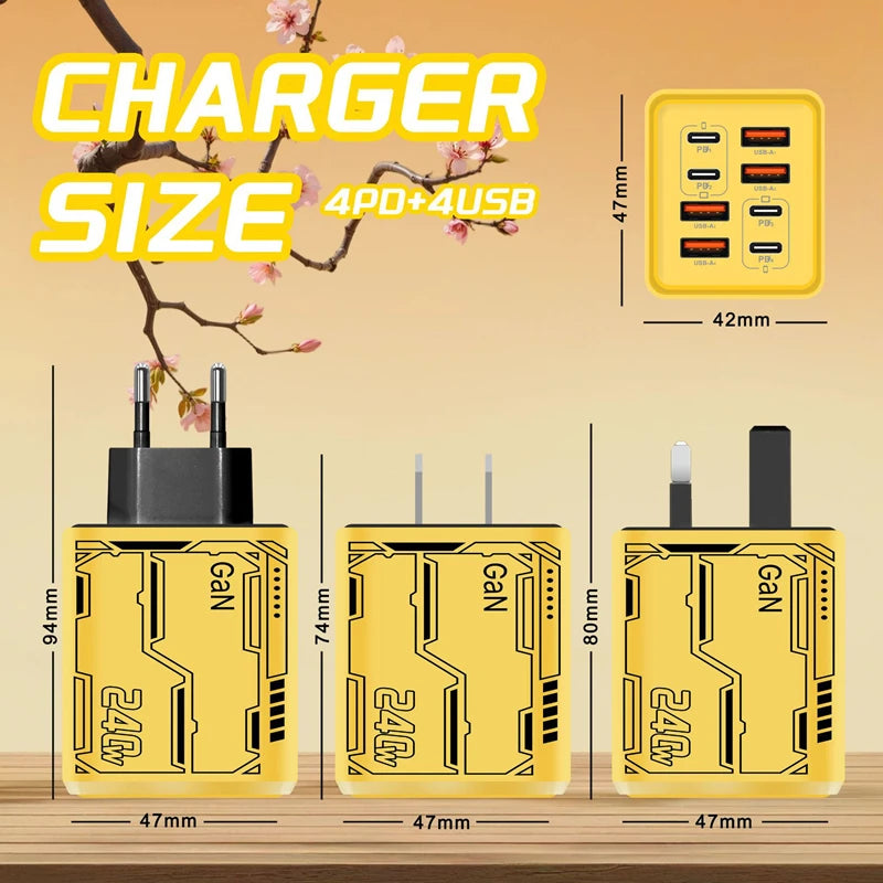 8-in-1 GaN 240W Desktop Charger | 4PD 4USB Fast Charging Multi-Port GaN Charger P3