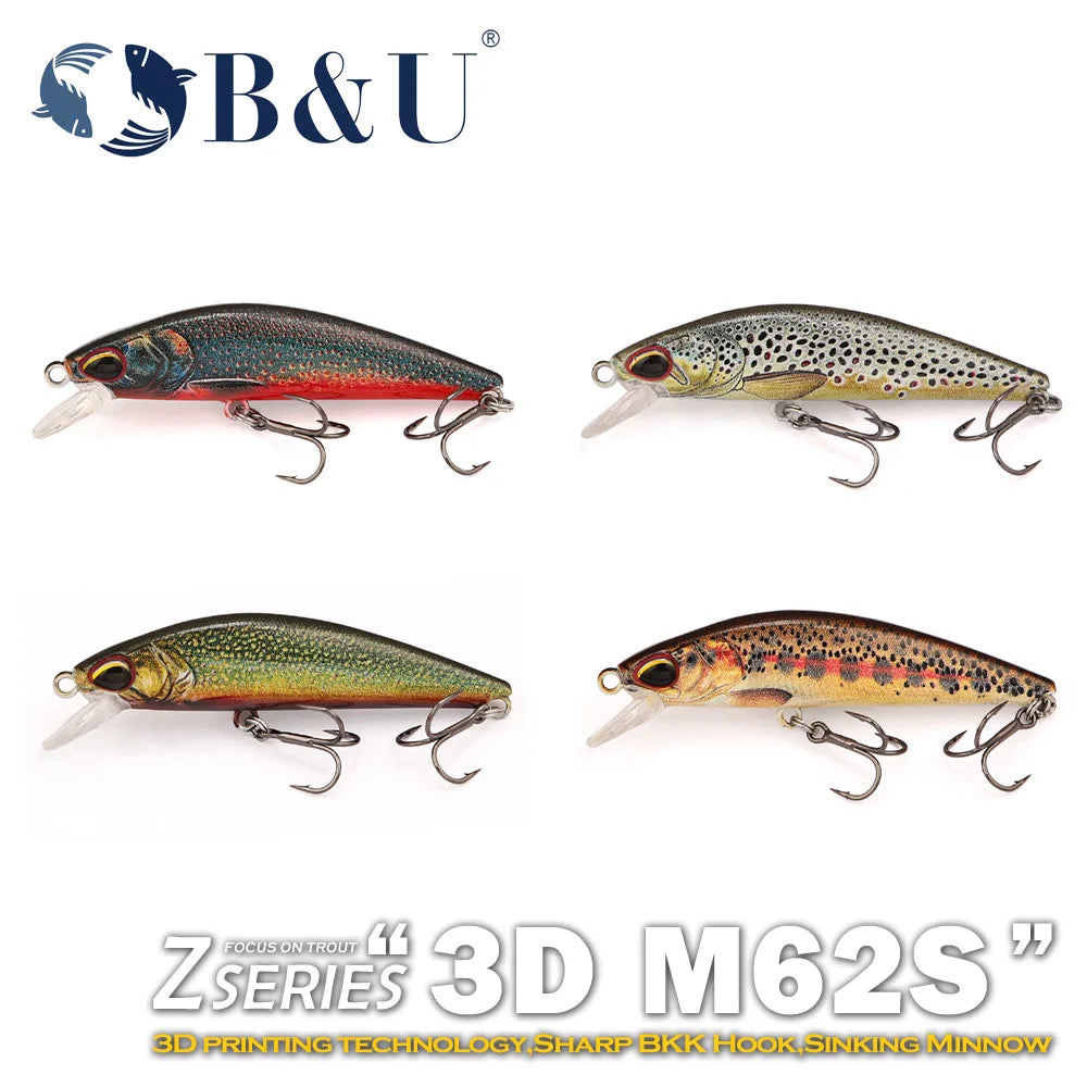 B&U Trout Sinking Minnow Lure Set – 3D Jerkbait Crankbait 3/4pcs Fishing Lure Set P3