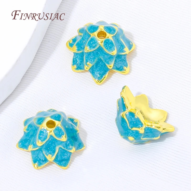 18K Gold Plated Blue Enamel Lotus Bead Caps | Brass Flower Spacer Jewelry Bead Caps P3
