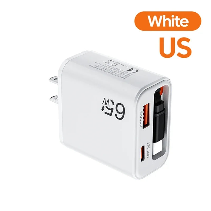 65W USB PD & QC 3.0 Wall Charger with Retractable Type-C Cable USB Wall Charger P3 US White